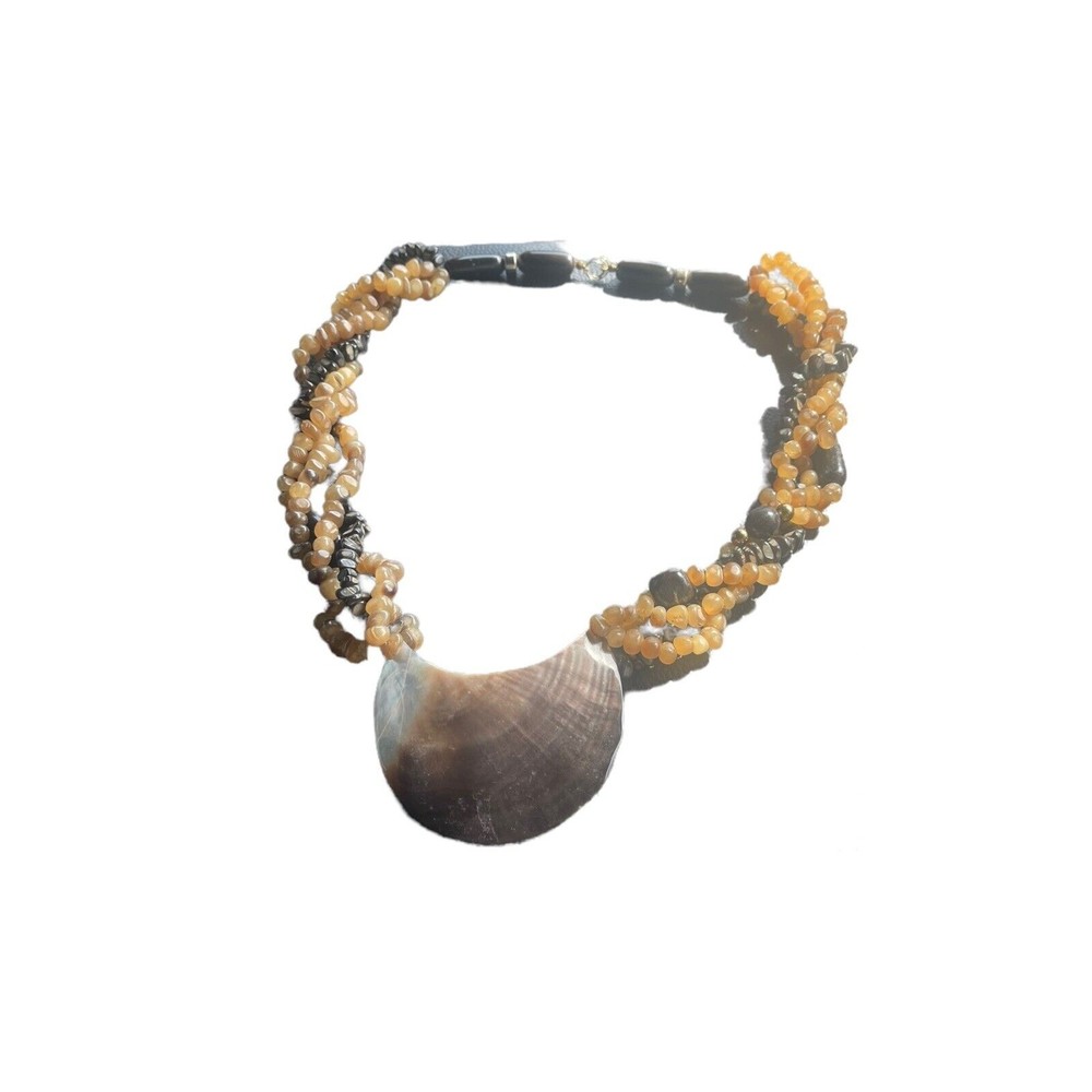 Multi strand Black /Yellow Stone Necklace Brown/White Shell Accent See Pics